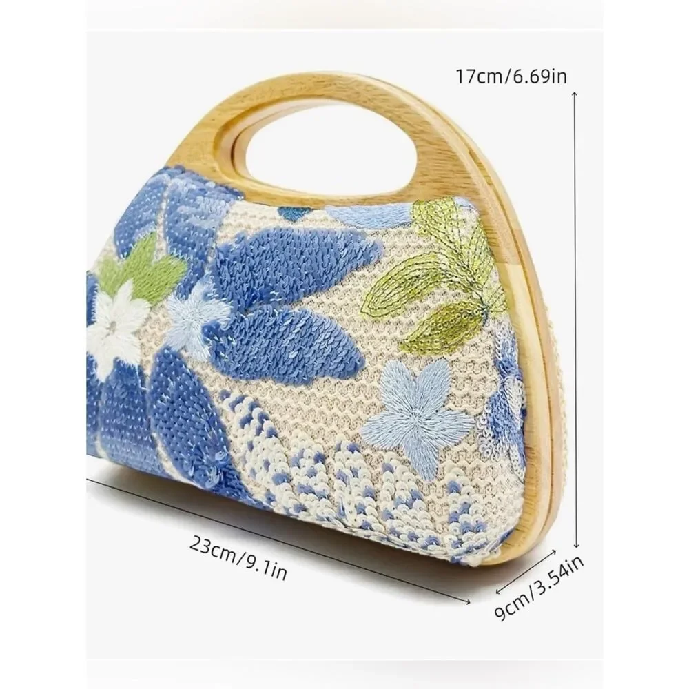 NEW Blue Floral Beaded Handbag with Wood Handle